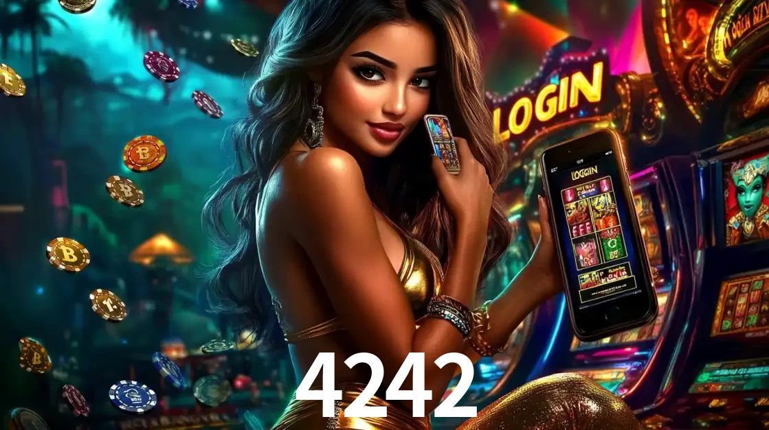 Mulher em um cenário de cassino temático de aventura, mostrando o app de caça-níqueis da 4242 no celular. Fichas de apostas flutuam ao redor.