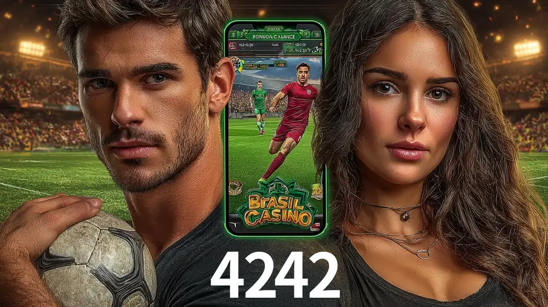 Homem segurando uma bola de futebol e uma mulher ao lado de um smartphone exibindo o jogo de apostas esportivas da 4242. Faça seu palpite no cassino online.